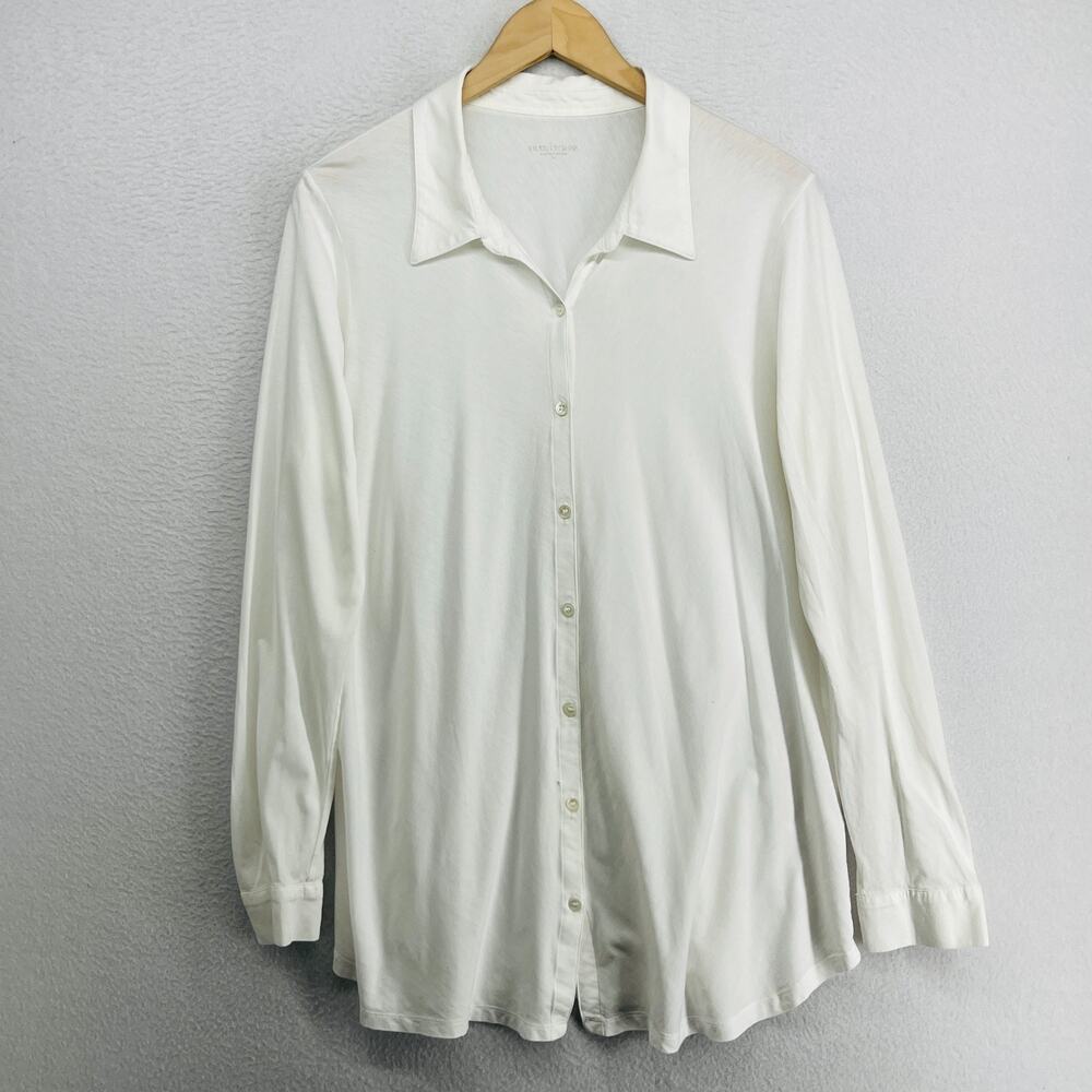 EILEEN FISHER Top XL Organic Cotton Bias Knit Jersey Button Up Shirt Tunic White